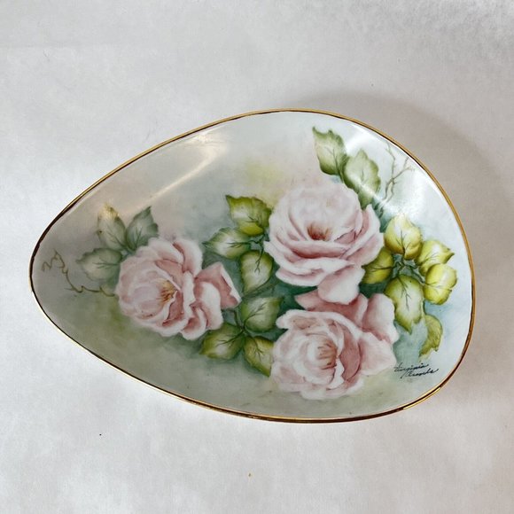 German Alka Kunst Dish Pink Rose Green Hand Painted Bavaria West Germany Signed - Picture 2 of 6